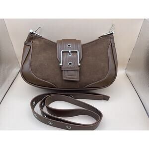 Brown Faux Suede Buckle Shoulder Bag | 2000s Y2K Style with Adjustable Strap